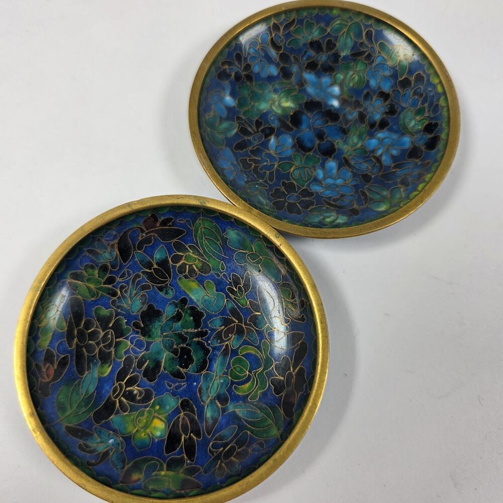 2 Vintage Chinese Cloisonne Floral 2.7" Brass Enamel Trinket Dish Jewelry Tray